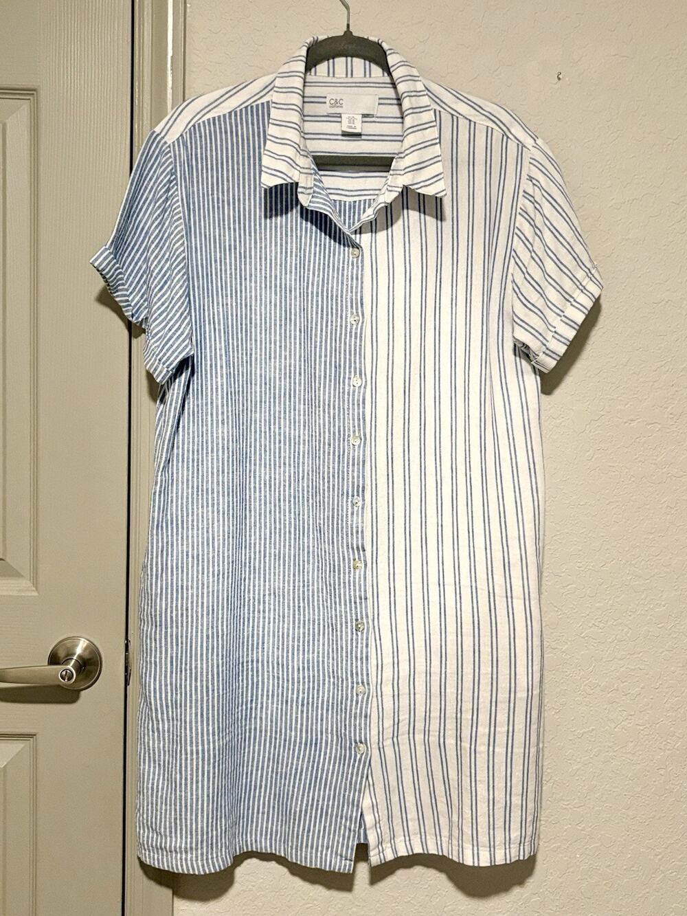 C&C California Women’s XL Shirt Dress Blue White Striped Linen Blend Button Down